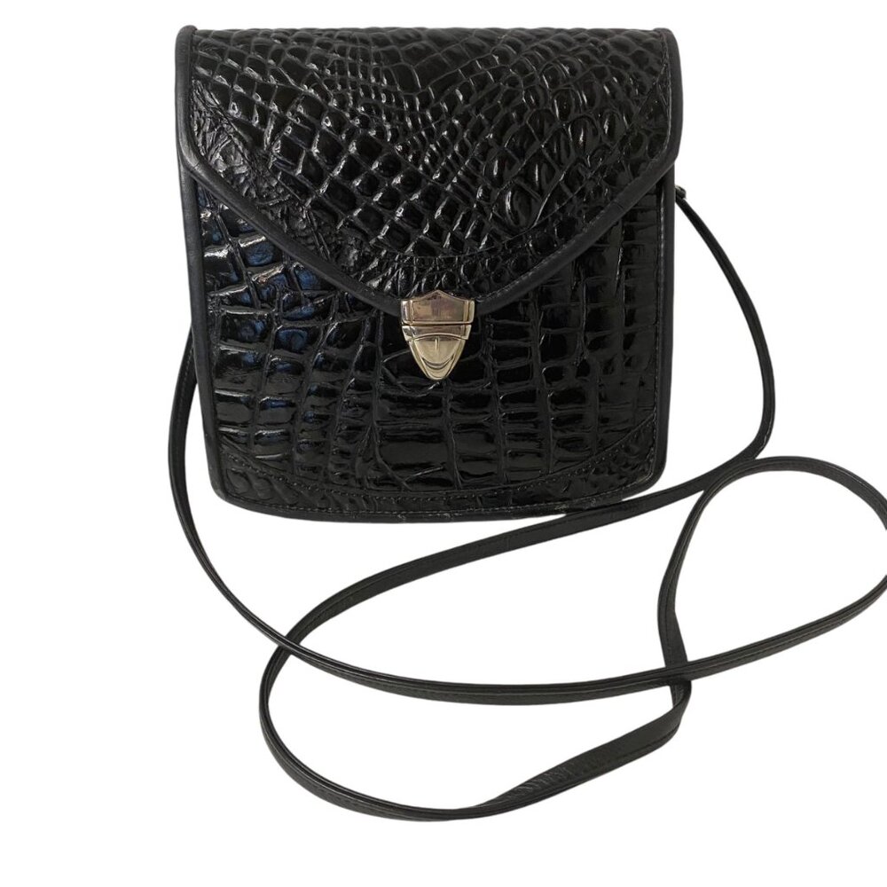 Vintage Black Faux Crocodile Crossbody‎ Shoulder Bag Snap Lock Adjustable Strap